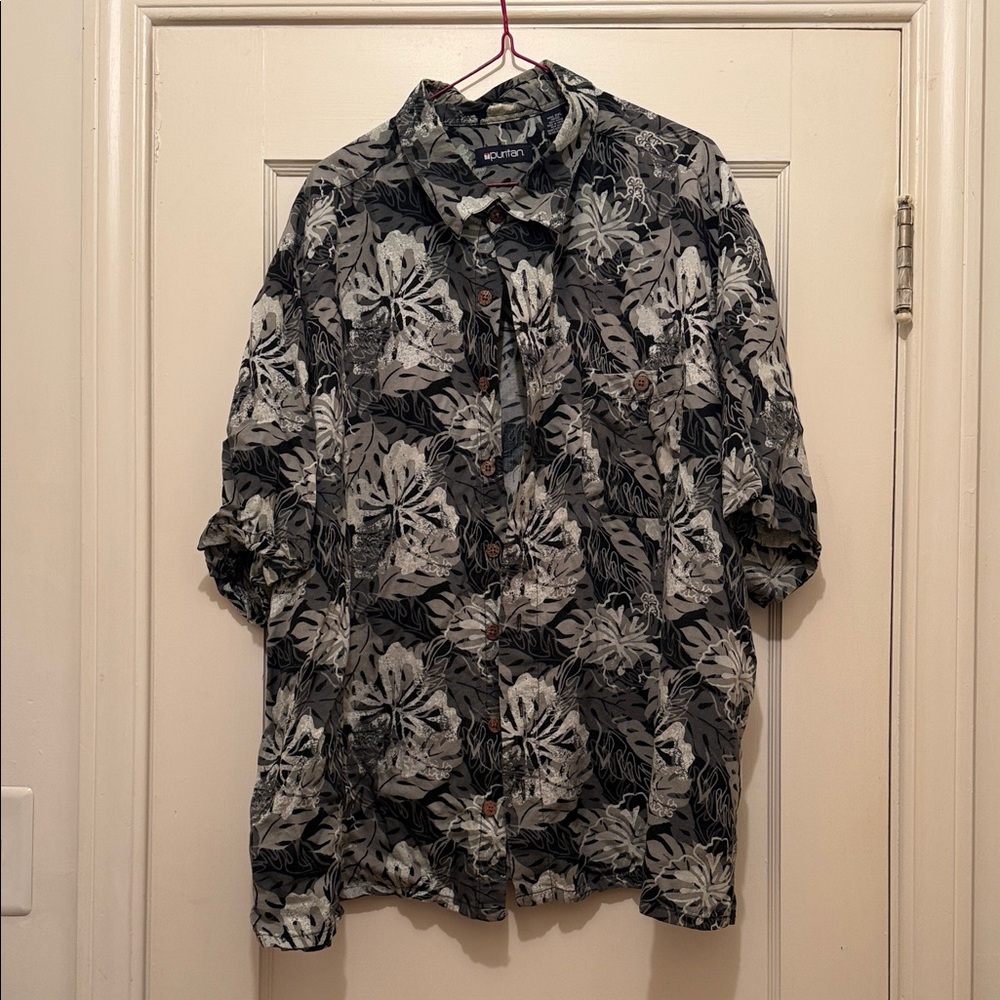 Puritan Black and White Floral Casual Button Down Shirt